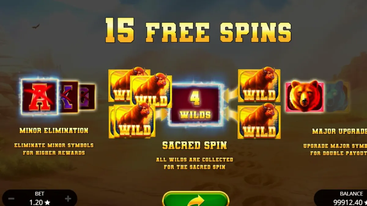 Pemandangan gurun Wild West dengan simbol totem dalam slot Sacred Buffalo