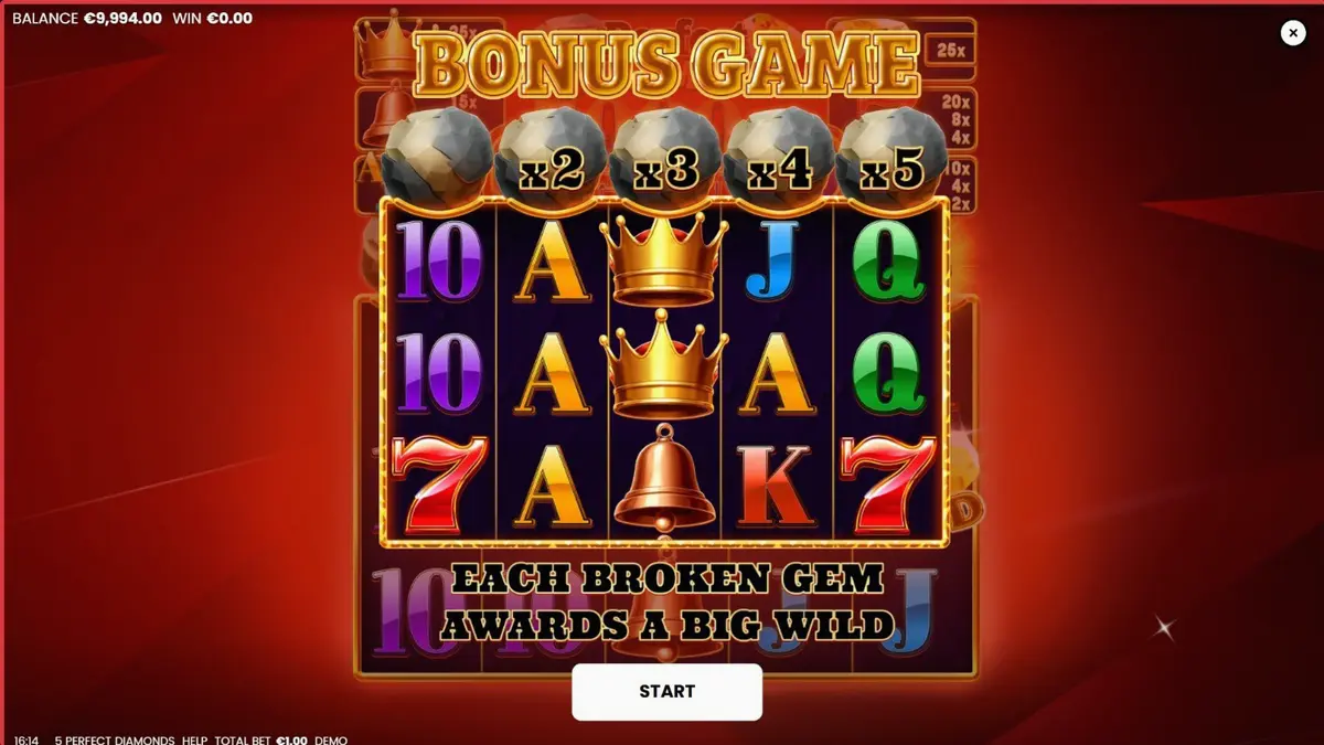 Tampilan antarmuka mobile slot 5 Perfect Diamonds dengan latar belakang merah dan simbol berlian
