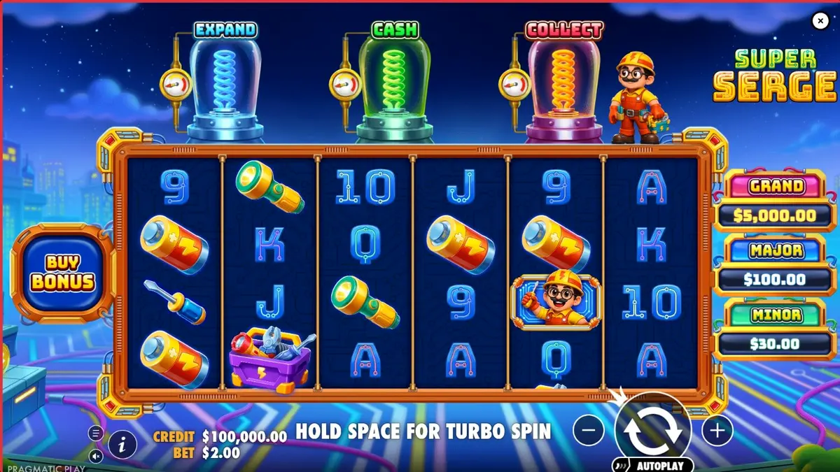 Tampilan antarmuka slot Super Serge dengan tema neon futuristik